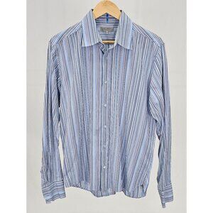 Ted Baker Size 4 L Blue Stripe Cotton LS Button Front Shirt